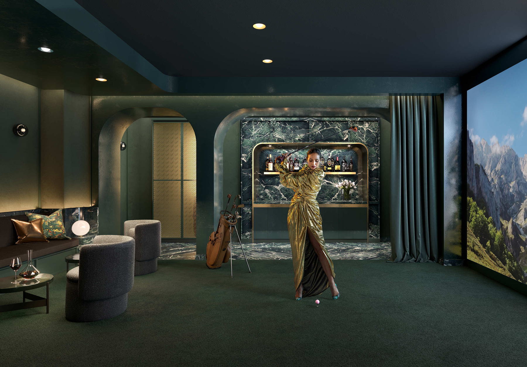 Golf simulator lounge with a deep green marble bar and brass detailing