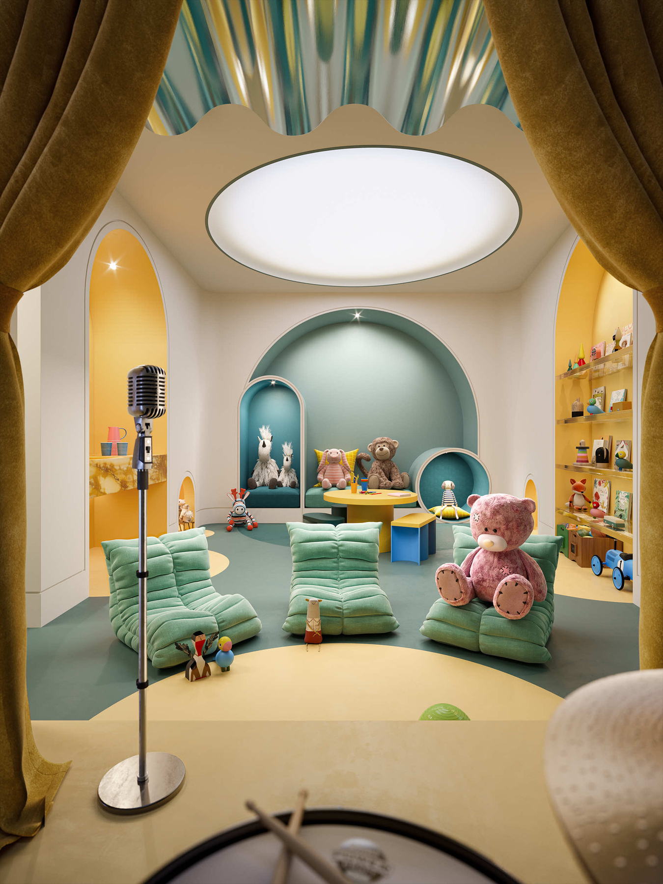 Children's playroom with its own performance stage, seen through gold curtains