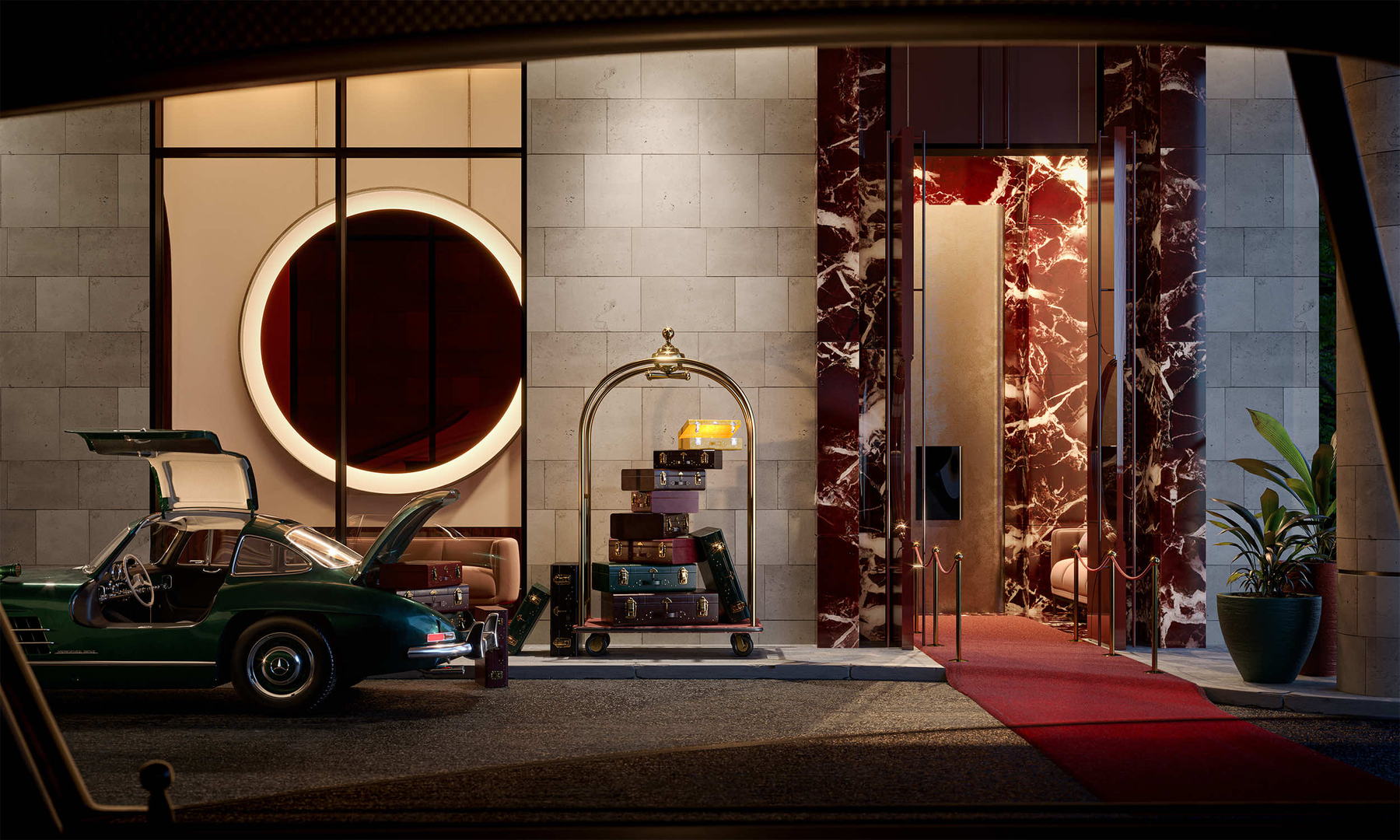 Night arrival at the marble porte cochere with red carpet and brass detailing
