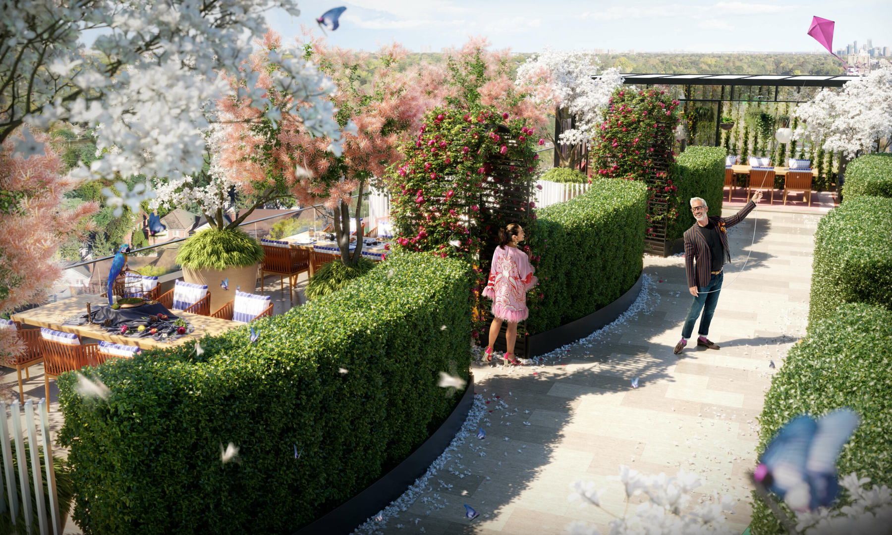 Landscaped rooftop terrace with sculpted hedges, dining tables and skyline views